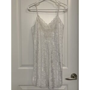 Vintage Clasilk White Satin Nightgown Small Paisley Lace Trim Side Slit Coquette